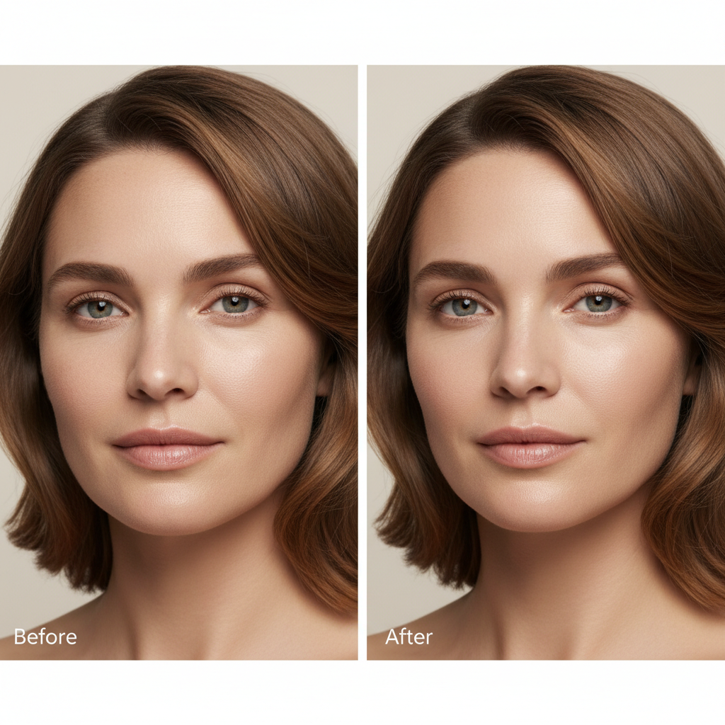 Before and after style portrait showing a hydrated facial glow
