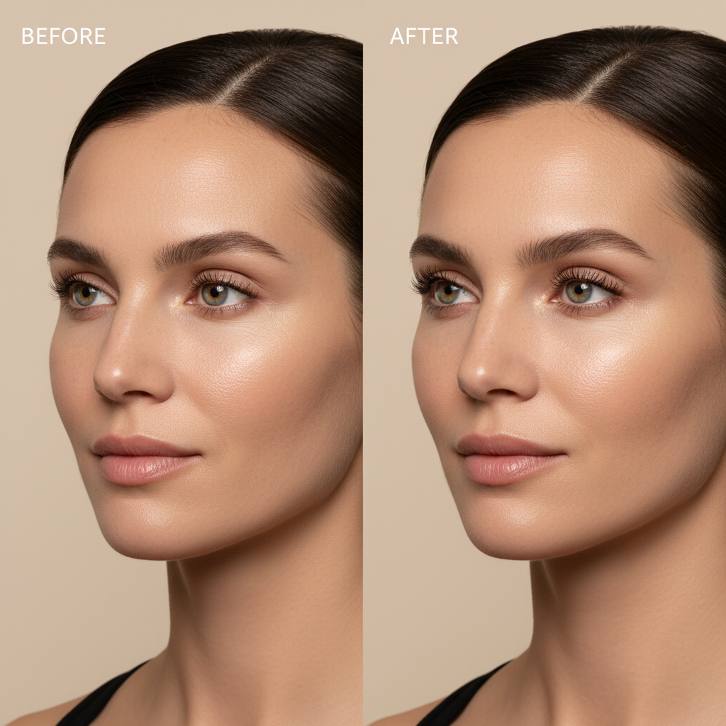 Before and after style portrait showing subtle lash enhancement